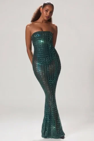Marleni versierde strapless jurk in smaragdgroen