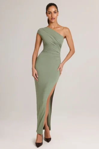 Maude Modal Asymmetrische Maxi-jurk met Ruches  in Saliegroen