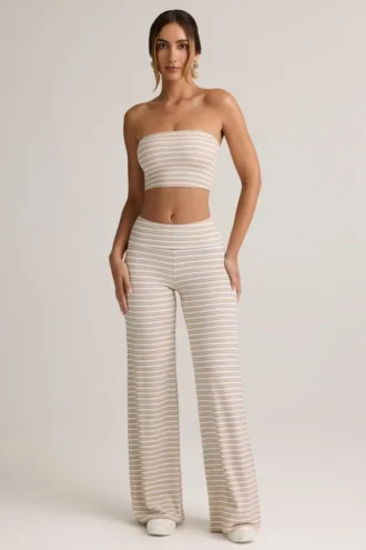 Melida Modal Foldover Wide-Leg Trousers in roze & gele streep