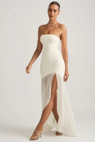 Melina asymmetrische strapless fishtail maxi-jurk in ivoor