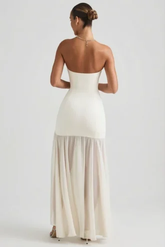 Melina asymmetrische strapless fishtail maxi-jurk in ivoor