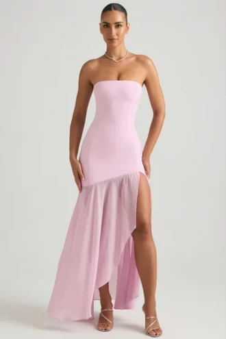 Melina asymmetrische strapless maxi-jurk met vissenstaart in zachtroze