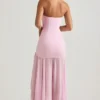 Melina asymmetrische strapless maxi-jurk met vissenstaart in zachtroze