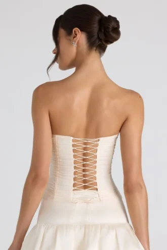 Melvina gerimpelde, strikbare strapless korset-top in ivoor