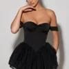 Meredith off-shoulder gelaagde corset micro-minijurk in zwart