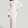 Mericia Maxijurk van zachte jersey met boothals en strikdetails in wit