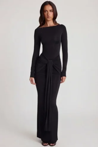 Mericia zachte jersey maxi-jurk met boothals en strik in zwart