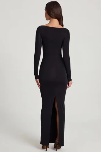 Mericia zachte jersey maxi-jurk met boothals en strik in zwart