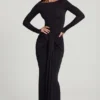 Mericia zachte jersey maxi-jurk met boothals en strik in zwart
