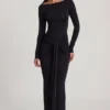 Mericia zachte jersey maxi-jurk met boothals en strik in zwart