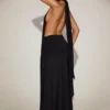 Merryth maxi-jurk van zachte jersey met halternek en open rug in zwart