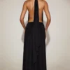 Merryth maxi-jurk van zachte jersey met halternek en open rug in zwart
