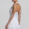 Millie minijurk met strikdetail, halternek en bolle zoom in wit
