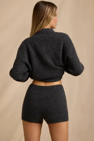 Mini-short van gebreide stof met middelhoge taille in Charcoal Marl