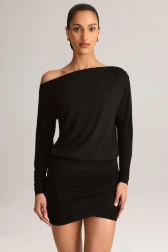 Mira Modal Off-Shoulder Wrap Minijurk in Zwart