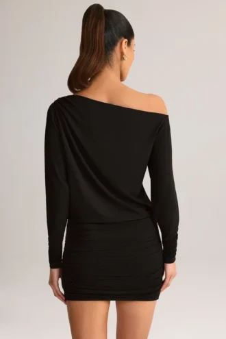 Mira Modal Off-Shoulder Wrap Minijurk in Zwart