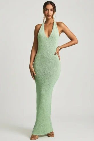 Mirri bouclé halternek maxi-jurk in mint