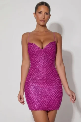 Mischa versierde minijurk met sweetheart-hals in magenta