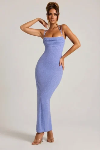 Monte Carlo versierde maxi-jurk met col in poederblauw