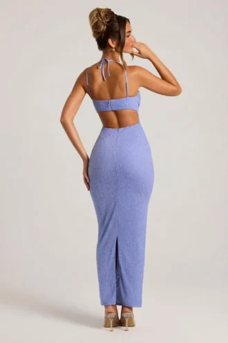 Monte Carlo versierde maxi-jurk met col in poederblauw