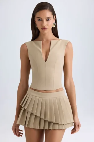 Nada gelaagde geplooide minirok met lage taille in camel