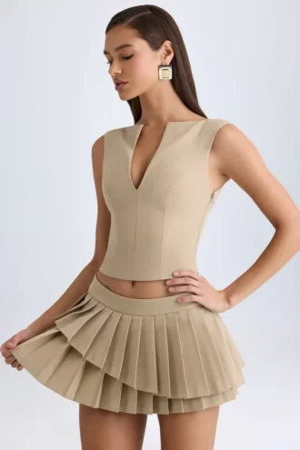 Nada gelaagde geplooide minirok met lage taille in camel