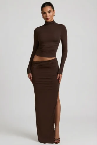 Nadina Modal asymmetrisch tailleende maxi rok in chocoladebruin