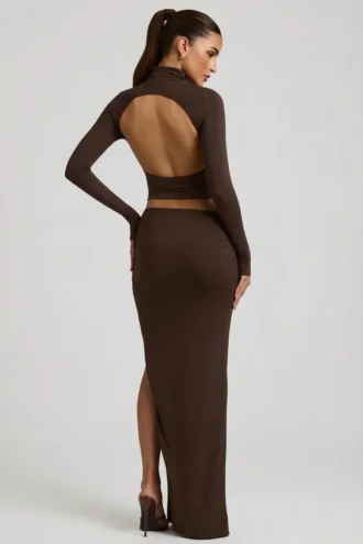 Nadina Modal asymmetrisch tailleende maxi rok in chocoladebruin