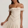 Nahida off-shoulder A-lijn minijurk met kant in ivoor