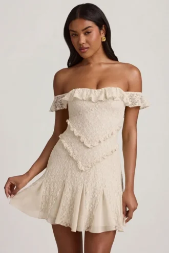 Nahida off-shoulder A-lijn minijurk met kant in ivoor