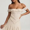 Nahida off-shoulder A-lijn minijurk met kant in ivoor