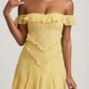 Nahida off-shoulder kanten A-lijn minijurk in pastelgeel