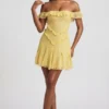 Nahida off-shoulder kanten A-lijn minijurk in pastelgeel