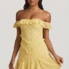 Nahida off-shoulder kanten A-lijn minijurk in pastelgeel