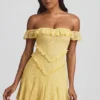 Nahida off-shoulder kanten A-lijn minijurk in pastelgeel