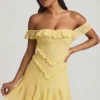 Nahida off-shoulder kanten A-lijn minijurk in pastelgeel