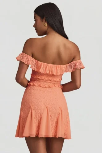Nahida off-shoulder kanten A-lijn minijurk in perzik
