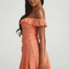 Nahida off-shoulder kanten A-lijn minijurk in perzik