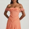 Nahida off-shoulder kanten A-lijn minijurk in perzik