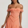 Nahida off-shoulder kanten A-lijn minijurk in perzik