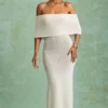 Naia Bouclé off-shoulder maxi-jurk in wit