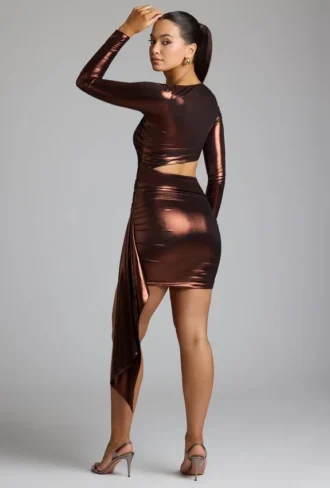 Nasira minijurk van metallic jersey met uitsnijdingen in koperbrons