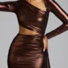 Nasira minijurk van metallic jersey met uitsnijdingen in koperbrons