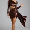 Nasira minijurk van metallic jersey met uitsnijdingen in koperbrons