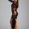 Nasira minijurk van metallic jersey met uitsnijdingen in koperbrons