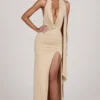 Navina zachte jersey maxi-jurk met diepe halslijn en halternek in champagne