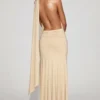 Navina zachte jersey maxi-jurk met diepe halslijn en halternek in champagne