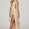 Navina zachte jersey maxi-jurk met diepe halslijn en halternek in champagne