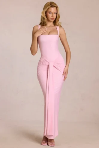 Nayeli maxi-jurk met vierkante hals en gerimpelde bandjes in Blossom Pink