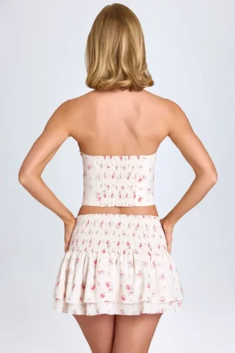 Nellary gerimpelde micro-minirok met ruches en lage taille in kleine rozenprint